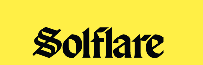 The word 'Solflare' is displayed in a bold, stylized black typeface against a bright yellow background.