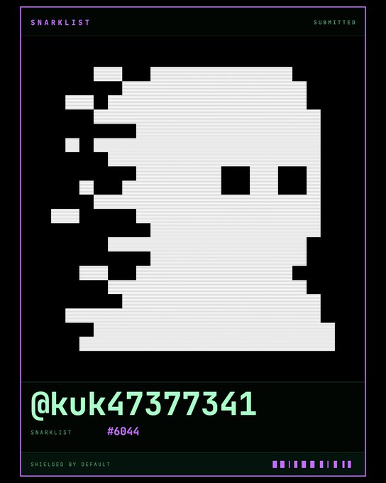 A pixel art profile image displaying a white skull-like face dissolving into digital blocks, with 'SNARKLIST' text and the handle '@kuk47377341' (#6844) on a dark background.