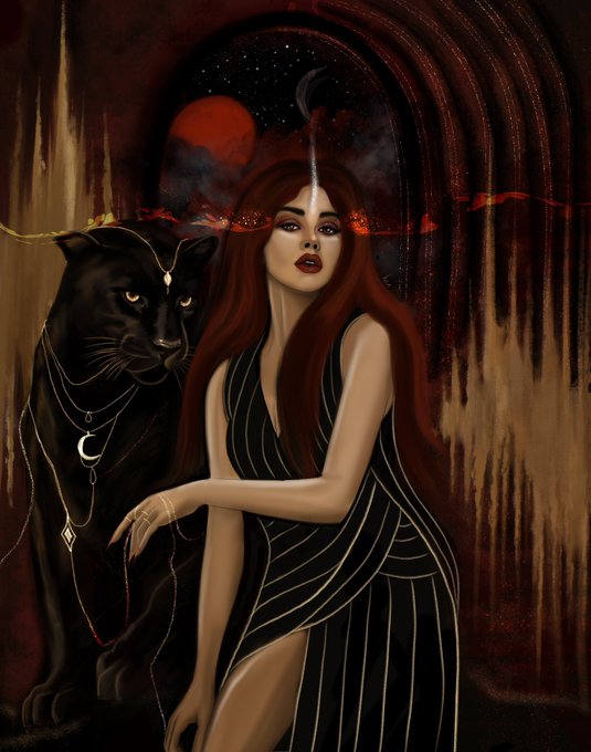 A dark fantasy digital painting of a red-haired woman in a striped black dress sitting beside a black panther adorned with a crescent moon necklace, under a night sky with a red moon.