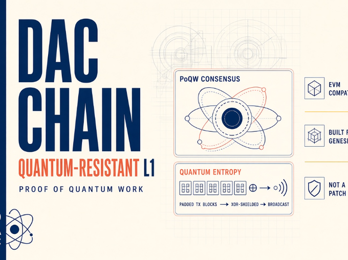 The image is a promotional graphic for DAC Chain, highlighting it as a "Quantum-Resistant L1" featuring "Proof of Quantum Work" with "PoQW Consensus" and "Quantum Entropy" (showing padded TX blocks undergoing XOR-shielding and broadcast), alongside partially visible feature callouts like "EVM Compatible" and "Not a Patch"—visually reinforcing the accompanying post's message that DAC Chain is building quantum-resistant infrastructure directly into its protocol rather than treating it as a future patch.