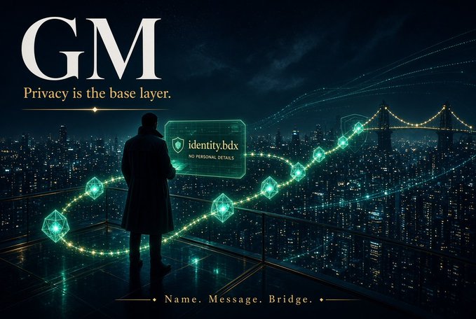 A futuristic advertisement showing a silhouetted figure overlooking a city skyline at night, with floating digital interfaces displaying 'GM', 'identity.bdx', and 'Name. Message. Bridge.'