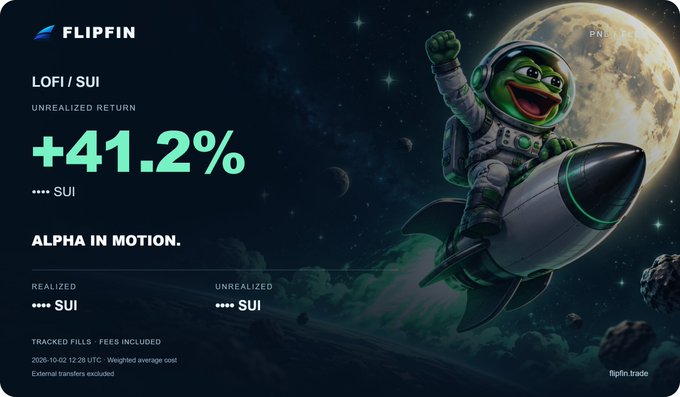 FlipFin trading dashboard showing LOFI/SUI position with +41.2% unrealized return, featuring a cartoon turtle astronaut riding a rocket with the tagline 'ALPHA IN MOTION.'