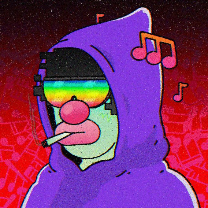 A cartoon-style illustration shows a figure in a purple hoodie wearing sunglasses and smoking a cigar, with musical notes floating nearby against a red patterned background.