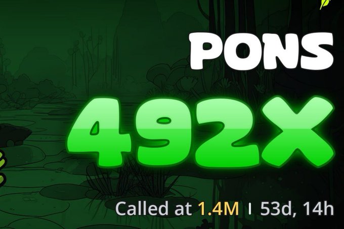 A meme image displays a massive "492X" return for the PONS token, called at 1.4M market cap and held for 53 days, 14 hours, illustrating the "what if" scenario of turning a small investment into life-changing gains—relatable to the poster's regretful joke about needing a time machine to capitalize on such crypto gains.