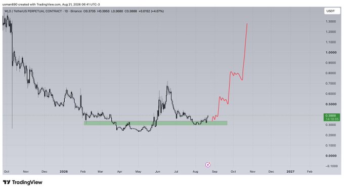 A TradingView chart of WLD/USDT (Worldcoin) perpetual contract on Binance showing a long downtrend followed by a sharp red projected price spike upward.