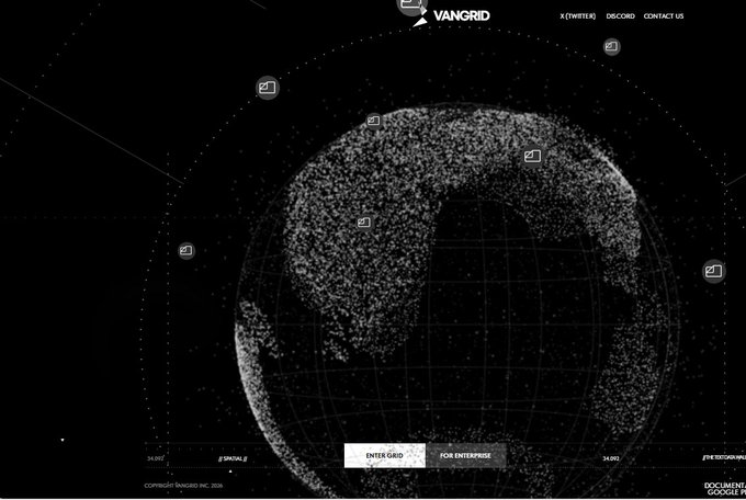 A dark-themed website or app interface for 'VANGIRD' displaying a wireframe globe with grid lines and various data nodes.