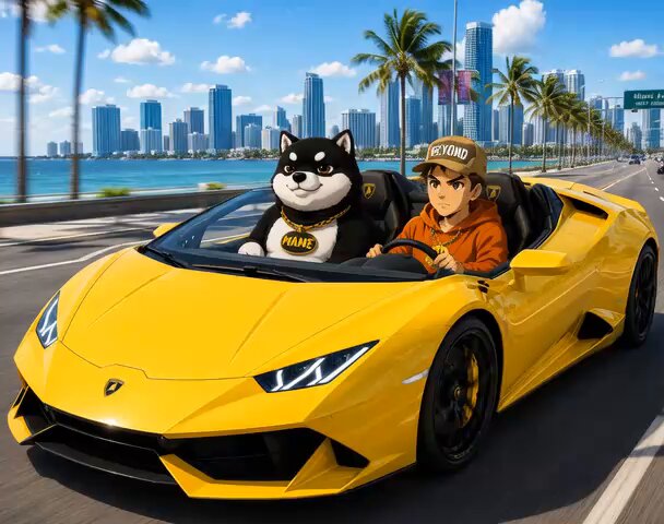 The image features a man driving a yellow sports car, accompanied by a black and white dog wearing a hat. The car has a "We're ready" sign on its hood, indicating that they are prepared for their journey together. The background shows palm trees and buildings, suggesting an urban setting. A caption in the image reads: "We're ready. Now the journey with $MAME begins. It's time to revive meme culture".