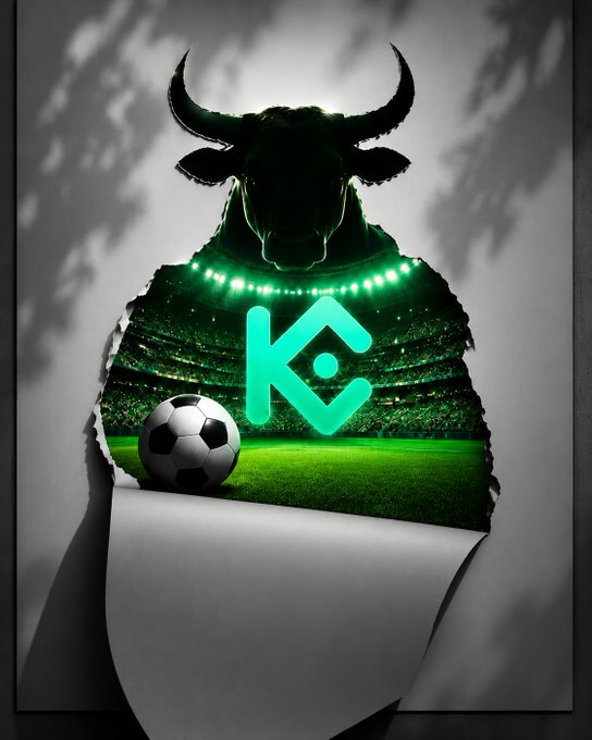 The image depicts a bull's silhouette in a suit with the chest torn open to reveal a soccer stadium and a glowing turquoise "K" logo with a soccer ball—symbolizing KuCoin's hidden strength and the vast opportunities in football beyond the surface. The torn-paper effect visually reinforces the caption's message, revealing a powerful ecosystem of sport and crypto behind the polished exterior.