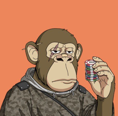 The image shows a cartoon monkey with a scar over its eye, wearing camo gear, holding a stack of casino chips labeled "SBO". It fits the post's theme of welcoming a new high-stakes Bored Ape-style gambler to the "Vault" community, inviting others to suggest who should join next.