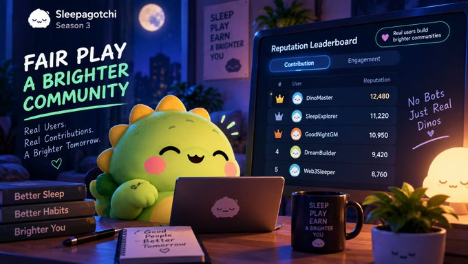 A promotional graphic for 'Sleepagotchi Season 3' featuring a cute green dinosaur character working on a laptop next to a 'Reputation Leaderboard' with names like 'DinoMaster', 'SleepExplorer', 'GoodNightGM', 'DreamBuilder', and 'Web3Sleeper', alongside text reading 'FAIR PLAY A BRIGHTER COMMUNITY' and 'No Bots Just Real Dinos'.
