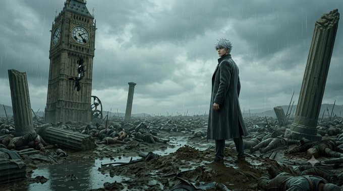 A dark, cinematic digital illustration depicting a white-haired figure in a long coat standing on a muddy battlefield with fallen soldiers and ruined classical pillars, with Big Ben visible in the background under a stormy, rainy sky.