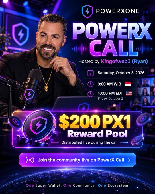 A promotional graphic for 'POWERX CALL' hosted by Kingofweb3 (Ryan), featuring a smiling bearded man with a microphone, advertising a $200 PX1 Reward Pool for a livestream event on Saturday, October 3, 2026.