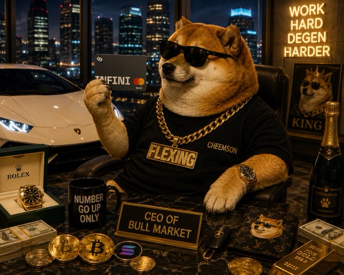 A humorous image of a Shiba Inu dog dressed in a "FLEXING" t-shirt and gold chain, posing as a "CEO OF BULL MARKET" with a Rolex, Bitcoin coins, champagne, and an "INFINI" card on a desk.