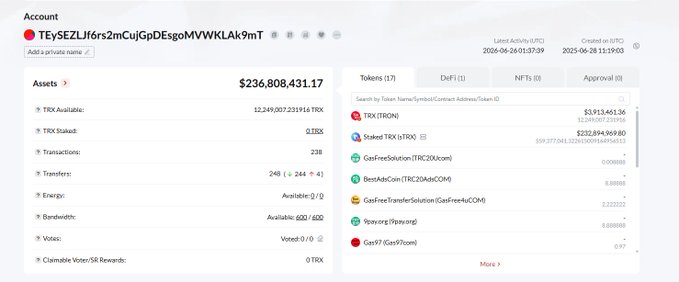 The image shows a Tron blockchain account dashboard for address "TEySEZLi6rs2mCujGpDEsgoMVWkLAk9mT" displaying total assets of $236,808,431.17 and a token balance of 3,913,461.36 TRX ($3,913,461.36). The accompanying post references Tron Inc.'s (NASDAQ: TRON) TRX treasury accumulation surpassing 701.8 million tokens, though this individual account holds a much smaller amount (~3.9 million TRX), suggesting it may be one of multiple treasury wallets used by the company.