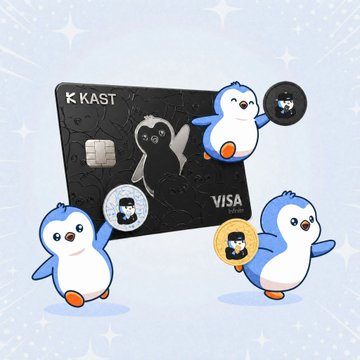 A promotional image for KAST showing a black Visa card with cartoon penguin mascots and various crypto coin tokens around it on a sparkly light blue background.