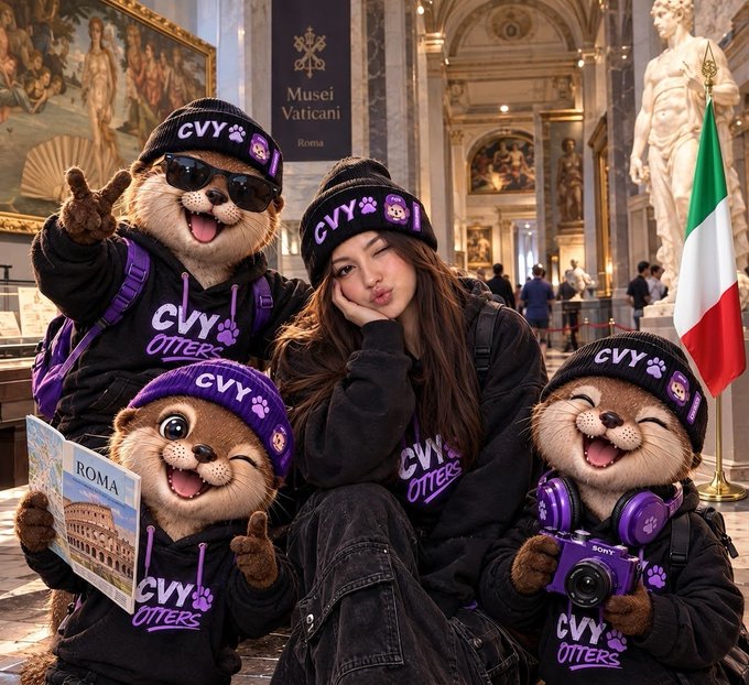 A group photo featuring a woman and cartoon otter mascots wearing 'CVY OTTERS' merchandise, posing in what appears to be the Musei Vaticani in Roma.