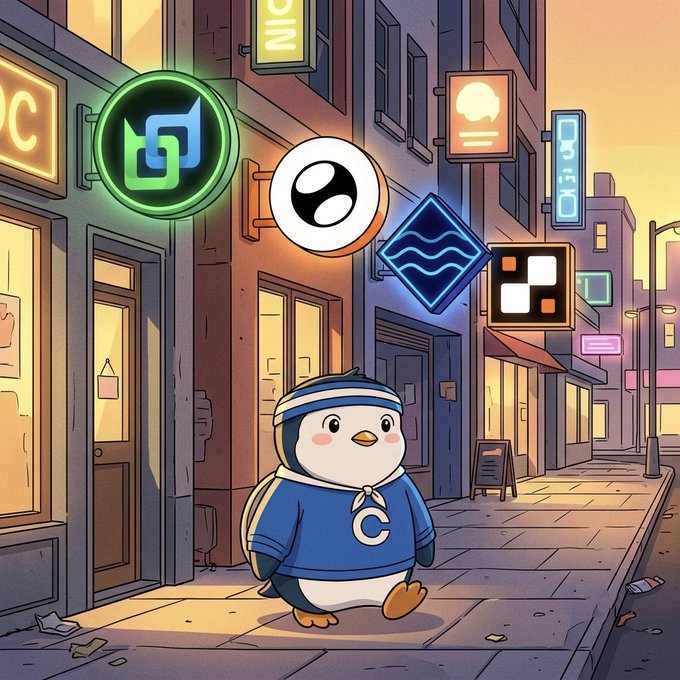 Cartoon illustration of a cute penguin character wearing a blue sailor outfit with a 'C' logo, walking down an urban street with various glowing cryptocurrency logos displayed above.