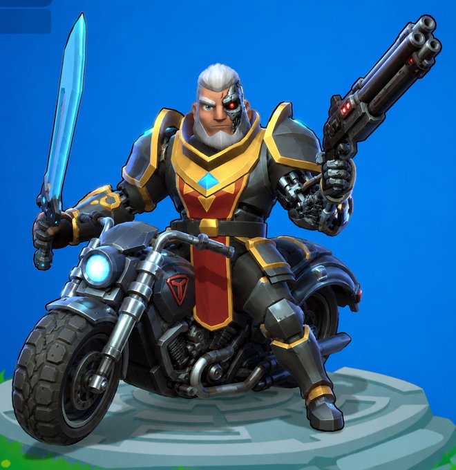 Video game character art depicting a cyborg warrior with white hair holding a glowing blue sword and a gun, sitting on a futuristic motorcycle.