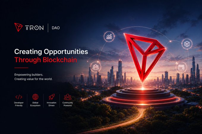 A promotional banner for TRON DAO featuring the text 'Creating Opportunities Through Blockchain' and 'Empowering builders. Creating value for the world.' alongside the red TRON logo over a futuristic cityscape.