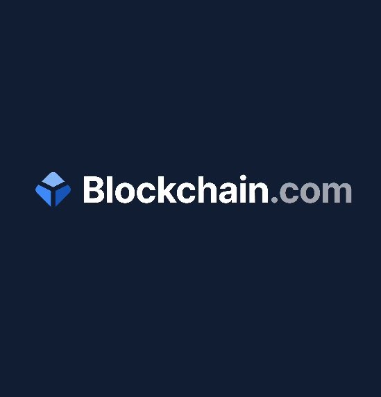 The Blockchain.com logo is displayed in white text next to a blue 3D cube icon on a dark navy background.