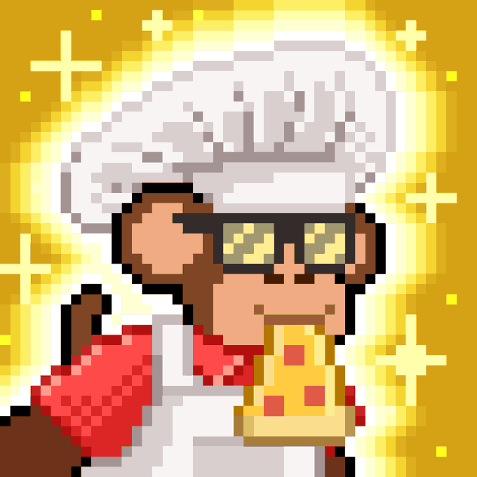 The image features a cartoon monkey wearing an apron, glasses, and a chef's hat while holding a slice of pizza. The background is yellow with stars, creating a festive atmosphere that complements the playful theme of the monkey as a chef. The caption reads "Another amazing Chimpillionaire in the gallery. Love this Justron! Congrats on this incredible collaboration!!".