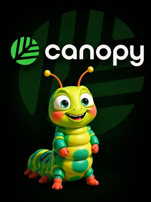 A logo graphic featuring a green leaf emblem next to the word 'canopy' above a cartoon green and yellow caterpillar-like character with antennae.