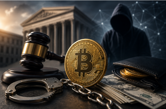 A conceptual illustration featuring a Bitcoin coin alongside a judge's gavel, handcuffs, dollar bills, and a hooded figure in the background near a courthouse, symbolizing cryptocurrency-related legal issues.