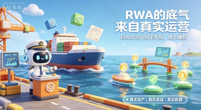 A promotional graphic for EthraShip showing a cartoon ship captain robot and cargo ship, with Chinese text reading 'RWA的底气来自真实运营' (RWA's confidence comes from real operations).