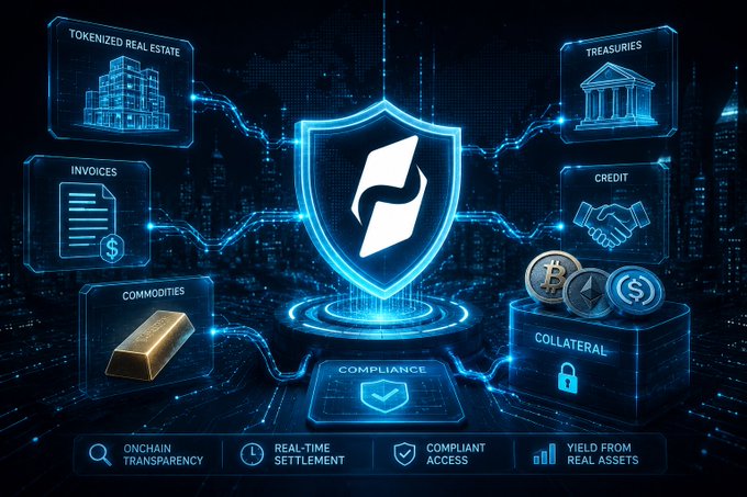 The image shows a digital illustration of a shield with a white logo at its center, surrounded by various icons representing different aspects of real estate transactions such as documents, coins, and buildings. The background features a cityscape with tall buildings, suggesting that the shield is located in an urban setting. The post appears to be about real estate compliance or real assets trading, possibly related to cryptocurrency or tokenization.