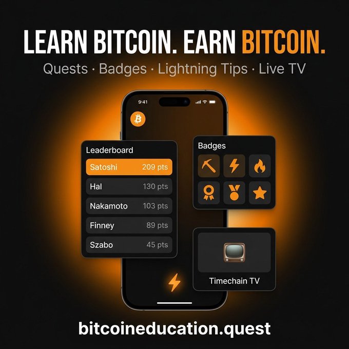 A promotional graphic for bitcoin education featuring 'LEARN BITCOIN. EARN BITCOIN.' with details about Quests, Badges, Lightning Tips, and Live TV, showing a leaderboard with names like Satoshi, Hal, and Nakamoto, and the URL bitcoineducation.quest.