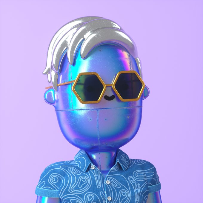 A 3D-rendered blue metallic figure with silver hair, gold hexagonal sunglasses, a small smile, and a blue patterned polo shirt on a lavender background.