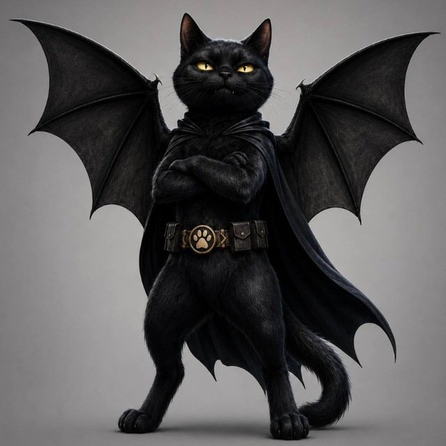 A black cat stands on its hind legs dressed as a superhero with a black cape, large bat-like wings, and a utility belt featuring a paw print buckle.