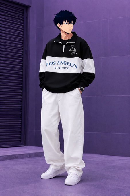 An anime-style edited image showing a character with the head of a boy from the anime 'Free!' on a body wearing a black and white 'Los Angeles New York' LA pullover and white pants.