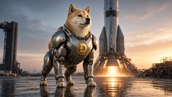 A Shiba Inu dog wearing silver mechanical armor with a gold 'D' emblem stands in front of a rocket launch at sunset.