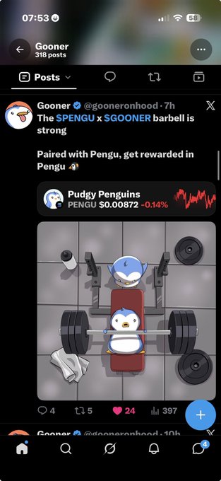 A mobile screenshot of an X (Twitter) post from the account 'Gooner' (@gooneronhood) stating 'The $PENGU x $GOONER barbell is strong' and 'Paired with Pengu, get rewarded in Pengu', alongside a meme of a penguin lifting a barbell.