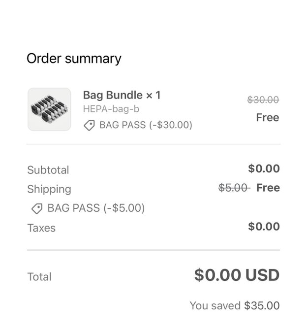An order summary showing a $30.00 Bag Bundle (HEPA-bag-b) and $5.00 shipping both made free through a "BAG PASS" membership, resulting in a $0.00 total with $35.00 saved—demonstrating the value of the annual Bag Pass subscription praised by the user.
