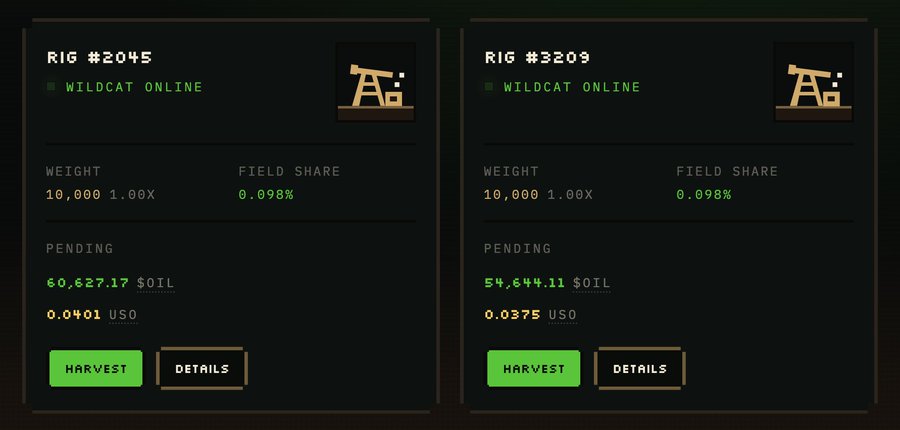 The image shows two OIL mining rigs (#2045 and #3209) by TheSaudisNFT, each with a 10,000 weight and 0.098% field share, displaying pending yields of 60,627.17 and 54,644.17 $OIL tokens respectively, alongside what the user initially misread as small USD amounts but are actually 0.0401 and 0.0375 shares of tokenized USO—revealing a higher yield than first perceived from keeping the rigs active.