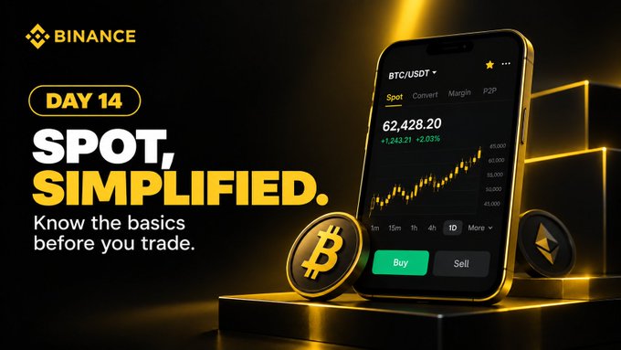 A Binance promotional graphic for 'DAY 14' reads 'SPOT, SIMPLIFIED. Know the basics before you trade,' featuring a phone displaying BTC/USDT at 62,428.20 alongside Bitcoin and Ethereum coins.