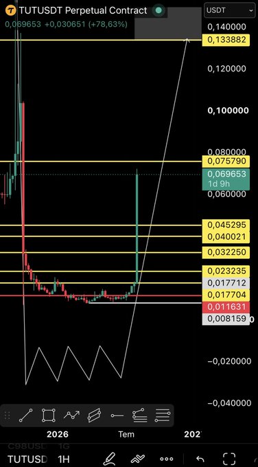 A TradingView chart of the TUT/USDT perpetual contract on the 1H timeframe shows the price currently at 0.069653, up +78.63% (+0.030651), with several resistance levels marked above at 0.075790, 0.080000 and support levels below at 0.045295, 0.040021, and 0.032250—reflecting the trader's bullish appreciation for $TUT after a significant rally.