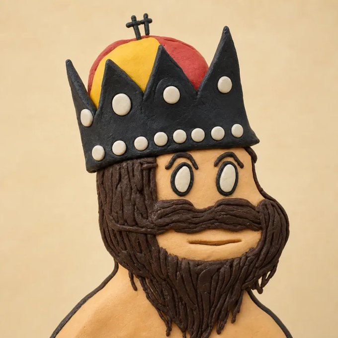 A sculpted clay figurine of a bearded king with white eyes, a thick brown beard and mustache, wearing a black crown decorated with white dots and a red and yellow top featuring a small cross.
