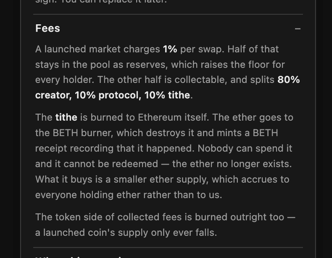 The image displays a "Fees" section explaining that a launched market charges 1% per swap, with 80% going to the creator, 10% to the protocol, and 10% as tithe which is burned to Ethereum and mints a BETH receipt. This relates to the accompanying post about watching $ETH burn from zSwap launch fees, with 0.059652212438077211 BETH collected so far via the BETH burner contract.
