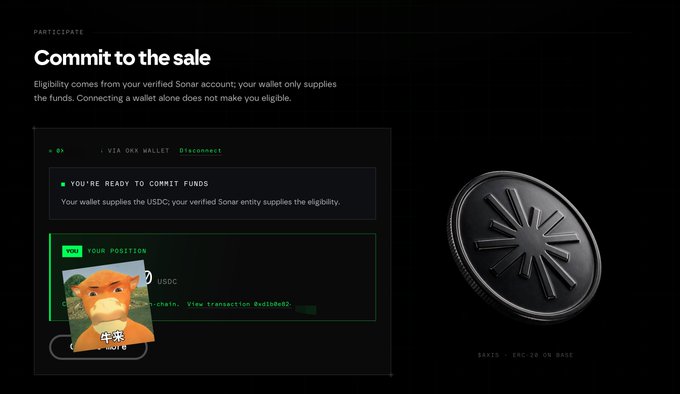 A dark-themed webpage titled "Commit to the sale" explaining eligibility via a verified Sonar account and OKX wallet, featuring a 3D coin with the Sonar logo and text "SKR23 - SNC ID ON BASE".