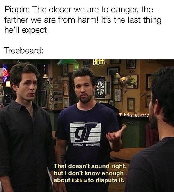 A meme featuring text from Pippin and Treebeard at the top, showing a scene from 'It's Always Sunny in Philadelphia' with the caption 'That doesn't sound right, but I don't know enough about hobbits to dispute it.'