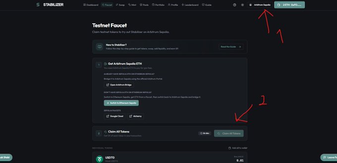 A screenshot of the StablR Testnet Faucet page showing steps to claim tokens, with red arrows pointing to 'Arbitrum Sepolia' and 'Claim All Tokens' buttons.