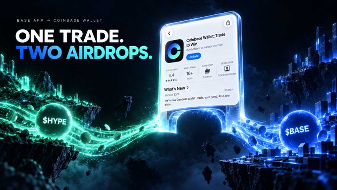 The image is a promotional graphic for Coinbase Wallet's "One Trade. Two Airdrops." campaign, showing the Coinbase Wallet app interface with a "Buy Millions of Assets Onchain" prompt, an "Update" button, and a 4.4 star rating, flanked by glowing $HYPE and $BASE spheres to illustrate that users can farm both tokens simultaneously through the rebranded Base App.