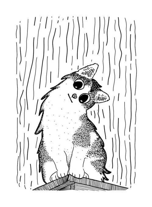 A black and white stippled illustration of a small cat with large eyes, sitting on a ledge and looking up curiously.