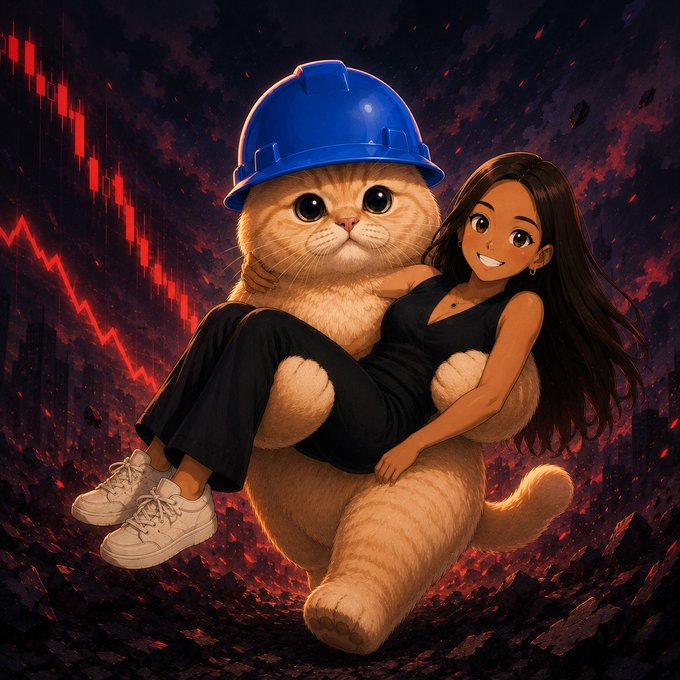 An animated illustration shows a smiling girl in a black outfit sitting in the arms of a giant orange cat wearing a blue hard hat, set against a red apocalyptic background with falling stock charts.