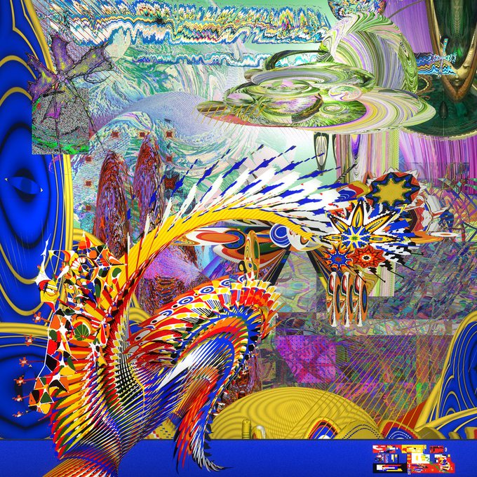 A highly vibrant and abstract digital artwork titled "Digital Jungle" featuring a complex collage of colorful, psychedelic shapes and patterns.