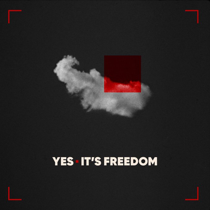 A minimalist graphic featuring a smoke cloud with a red square overlay and bold text reading 'YES • IT'S FREEDOM' against a dark background with red corner brackets.