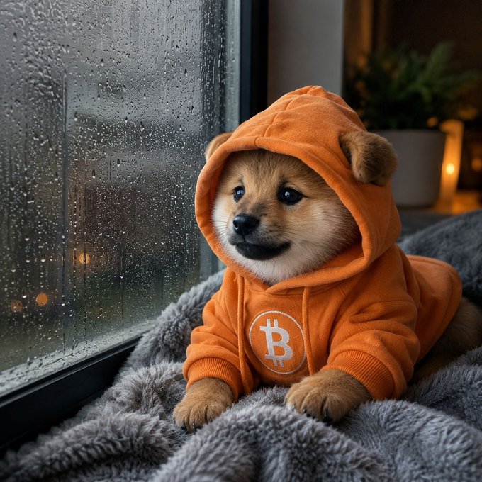 A Shiba Inu puppy wearing an orange Bitcoin-branded hoodie with the "₿" logo sits on a fluffy gray blanket by a rain-streaked window, symbolizing patient resilience and quiet conviction amid market turbulence and fear. The orange attire and steady gaze mirror the post's theme of holding strong through crypto market dips, with DOG/USD ticking up despite broader fear in the market.